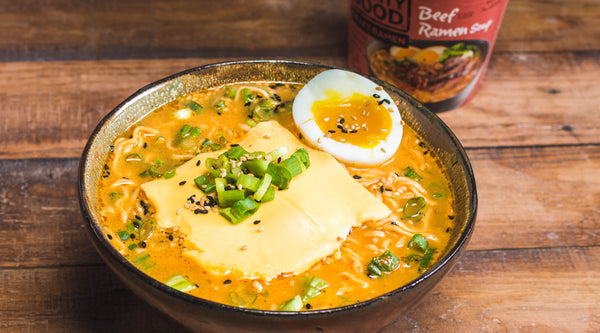 Healthy cheesy beef craft ramen by Mike's Mighty Good.